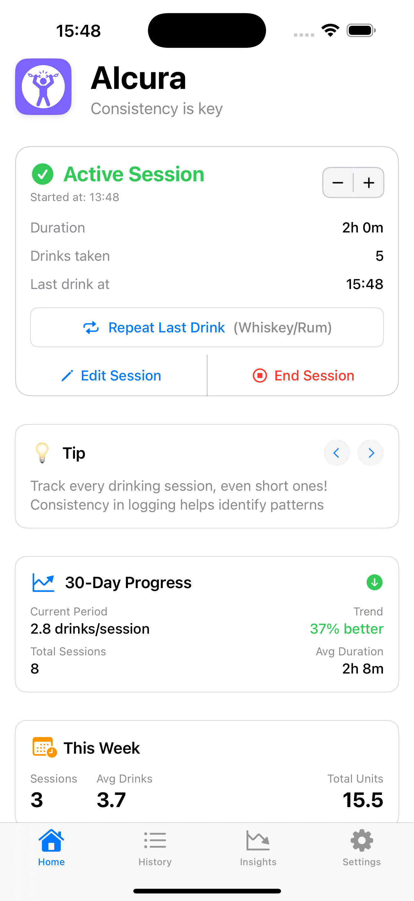 Quick drink logging interface during an active session